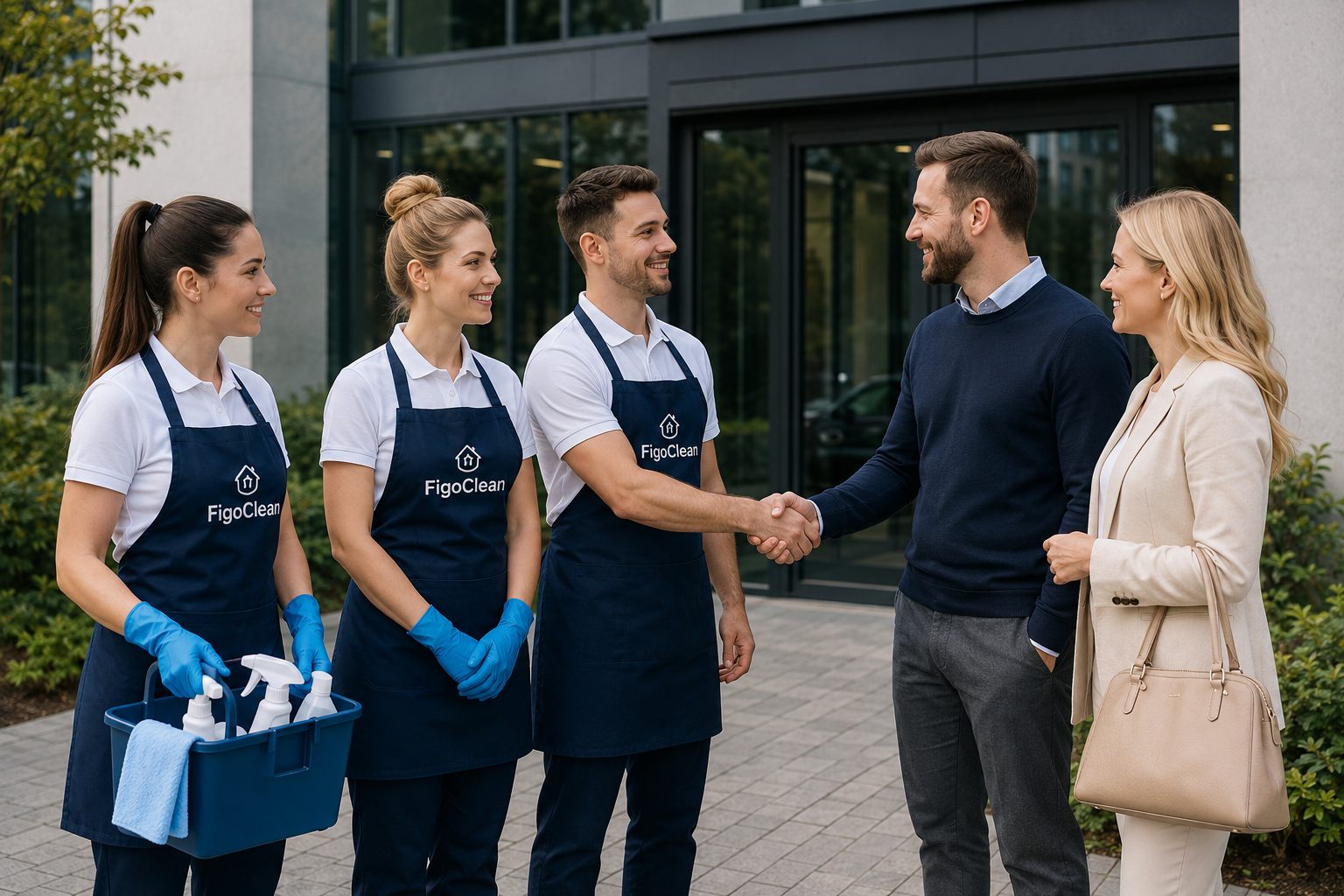 Zespół FigoClean wita się z klientami przed budynkiem biurowym