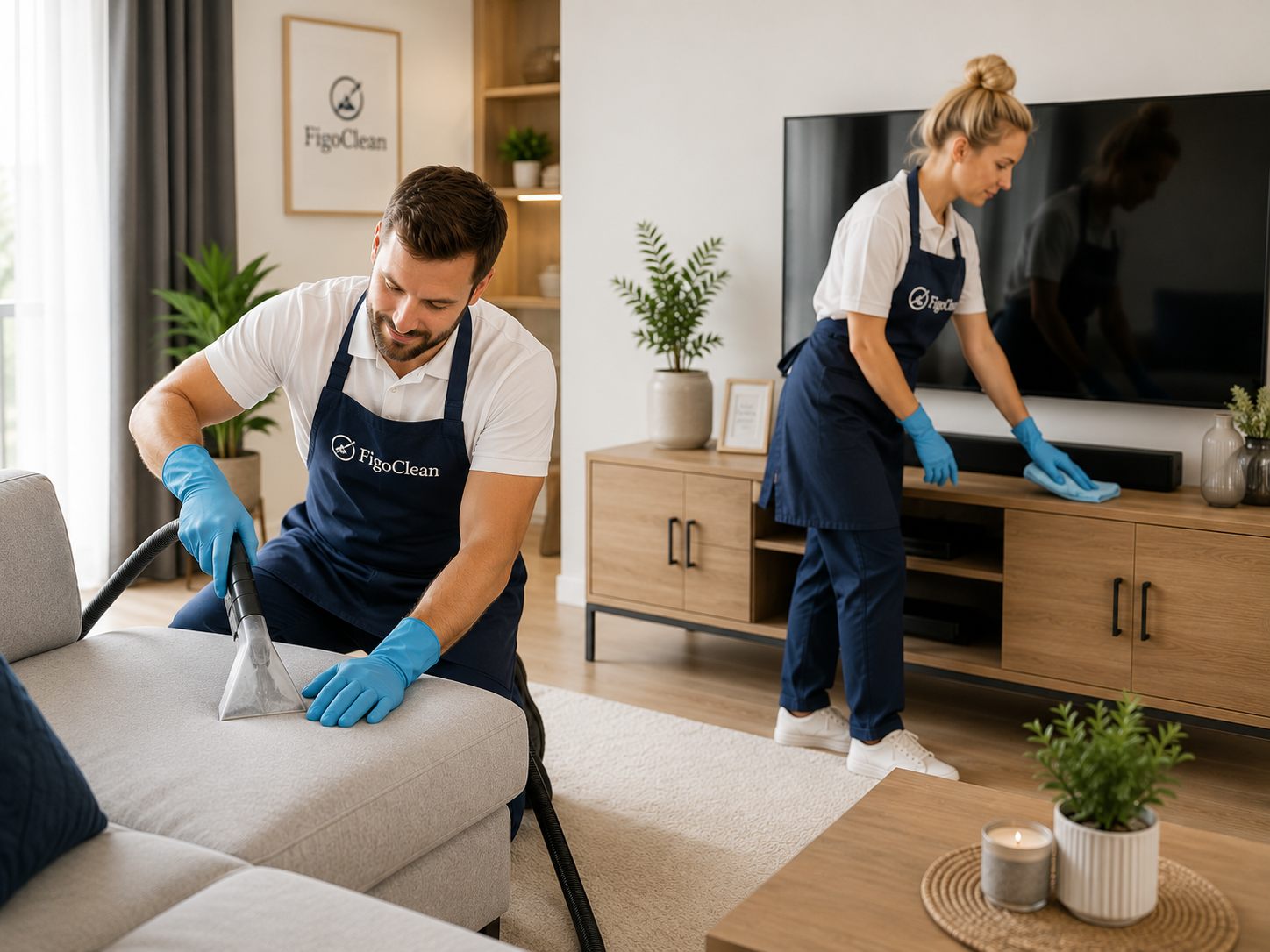 Zespół FigoClean sprząta salon — pranie tapicerki i ścieranie kurzu